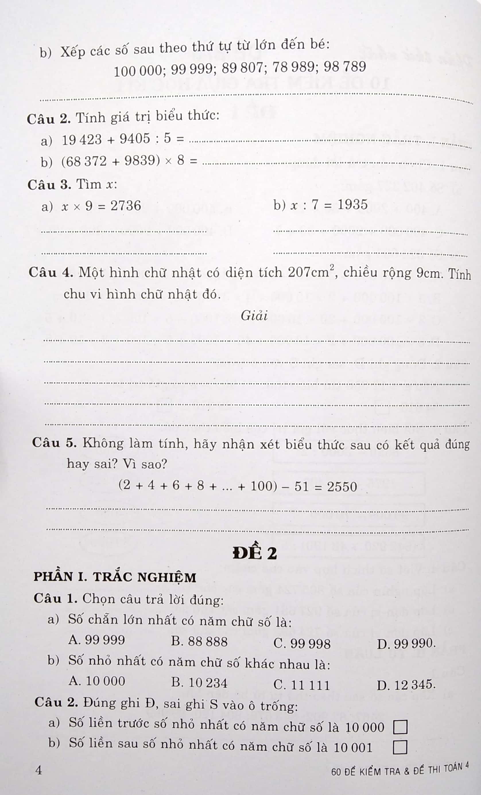 60 đề kiểm tra và đề thi toán lớp 4 (tái bản 2023) - Ảnh 5