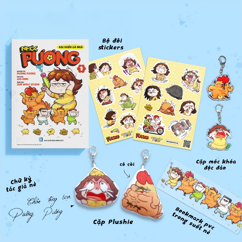nhóc pương - tập 1 - đại chiến gà nhà - bản sưu tầm - tặng kèm bookmark pvc trong suốt + chữ ký tác giả + cặp móc khóa độc đáo + cặp plushie + bộ đôi sticker - Ảnh 2